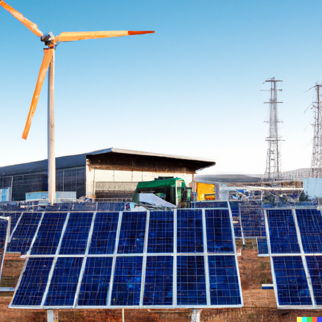 DALL·E 2023-03-13 12.40.48 - The image could show an industrial facility with solar panels installed on the roof, wind turbines nearby, and electric vehicles charging stations in DALL·E 2023-03-13 12.40.48 - The image could show an industrial facility with solar panels installed on the roof, wind turbines nearby, and electric vehicles charging stations in